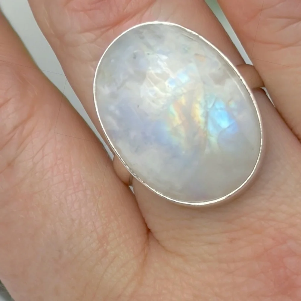 Pure Sterling Silver 925 Rainbow Moonstone Ring Size 9 Oval Boho Southwest New
